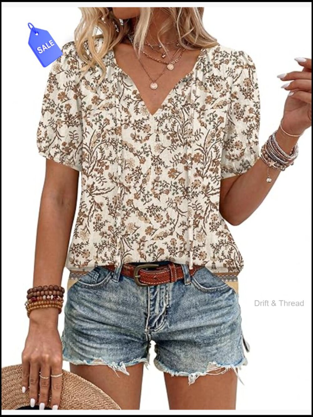 Boho Tops for Women Summer V-Neck Tie Front Peasant Blouses Casual Puff Sleeve